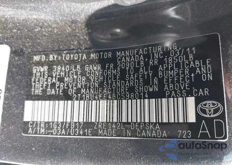 2011 Toyota Corolla S from USA, damaged, VIN 2T1BU4EE4BC598014